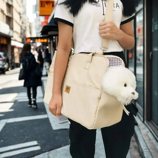 Une femme sur un trottoir en ville porte à l'épaule un sac pour transporter un chien.