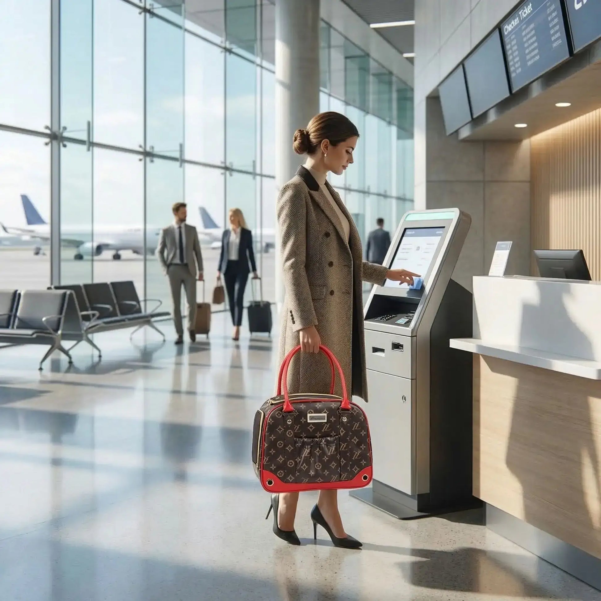 Une femme à l'aéroport porte à la main un sac pour transporter un chien de couleur rouge.