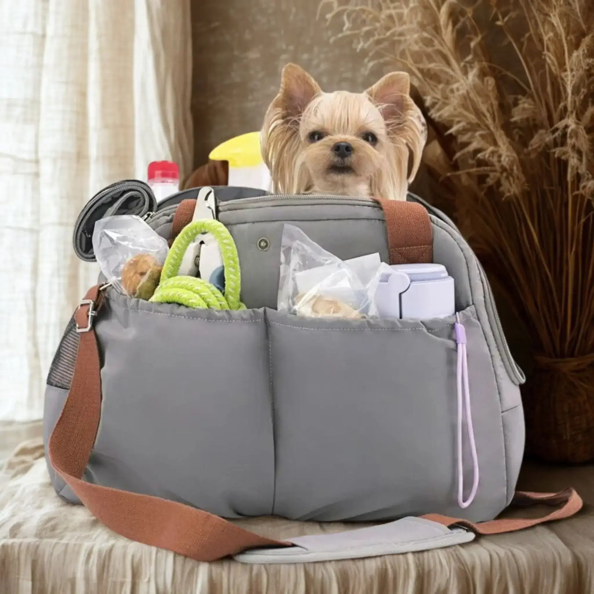 Vous pouvez emporter un cellulaire, un jouet ou une gâterie dans le sac pour transporter un chien PupHke.