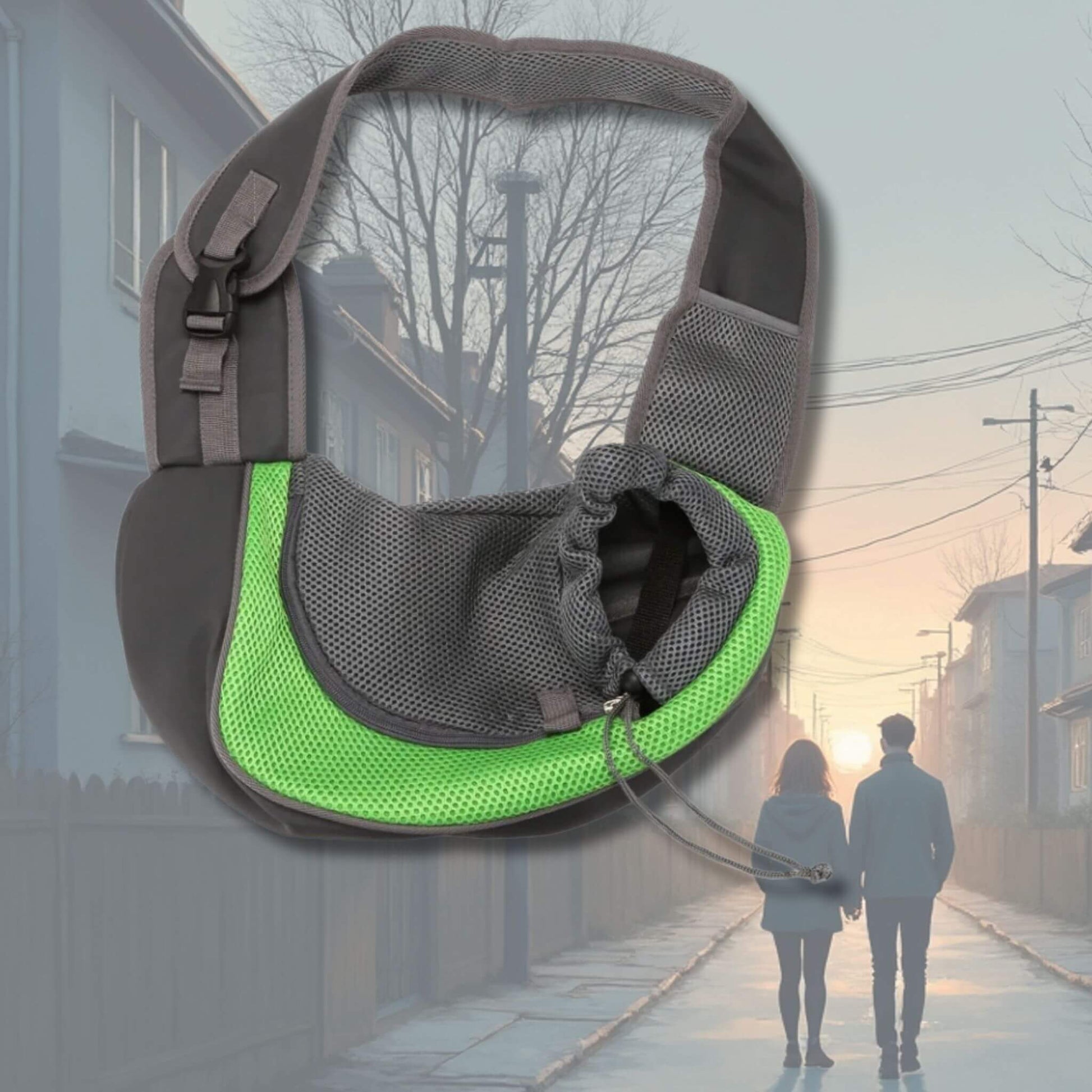 Un sac pour chien de couleur grise et vert fluo avec un couple qui se tient par la main dans une ville en arrière-plan.