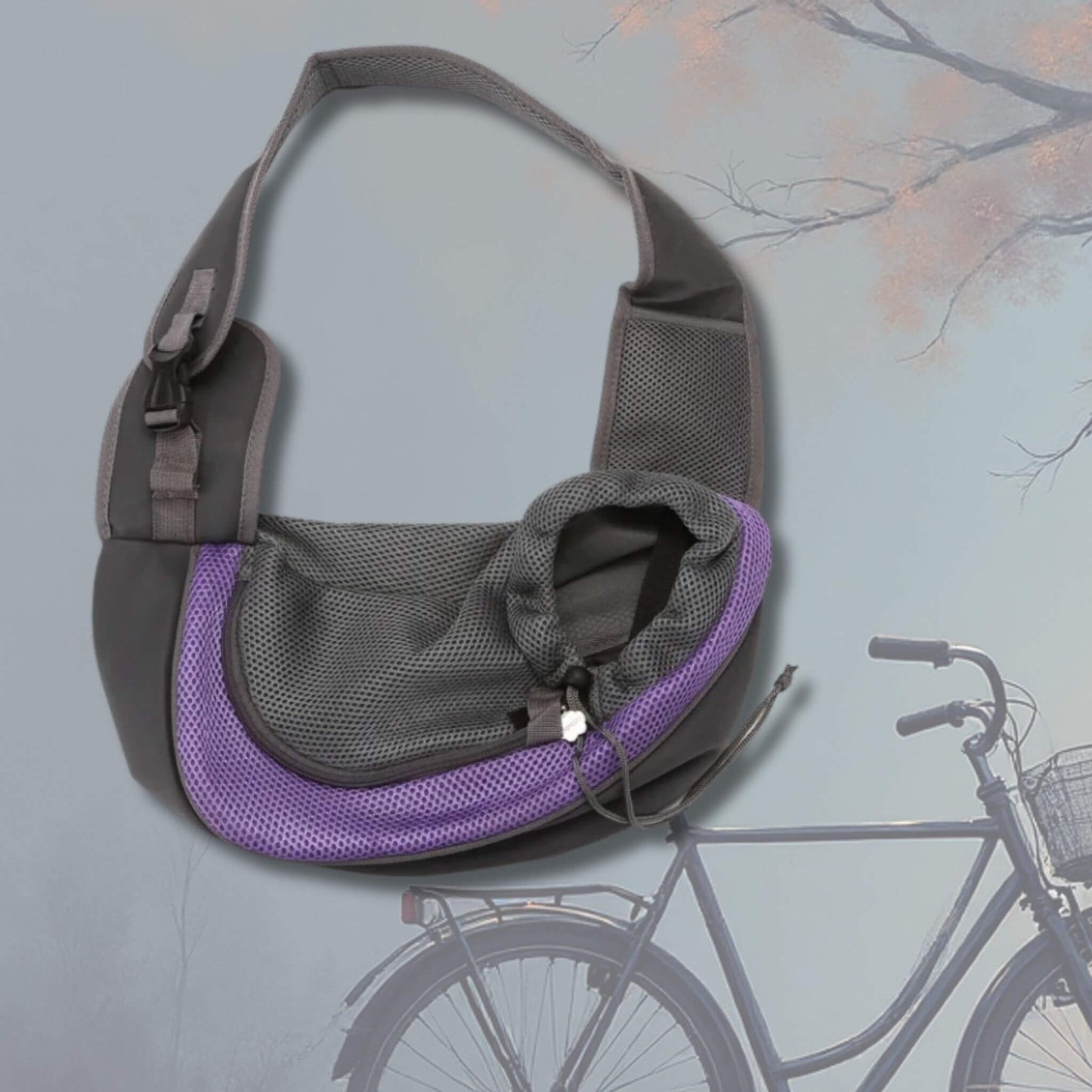 Sac pour porter un chien de couleur gris et violet avec un vélo en arrière-plan