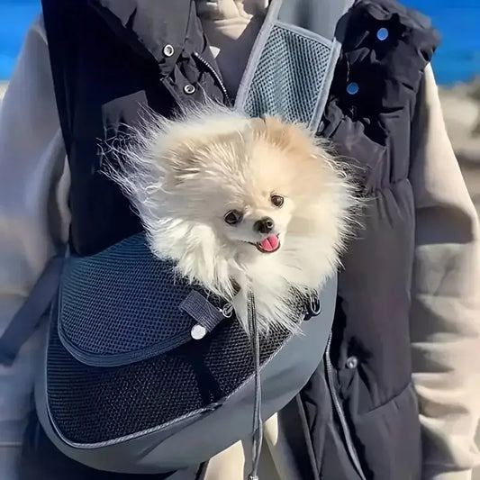 Un poméranien dans un sac de transport noir porté par un individu.