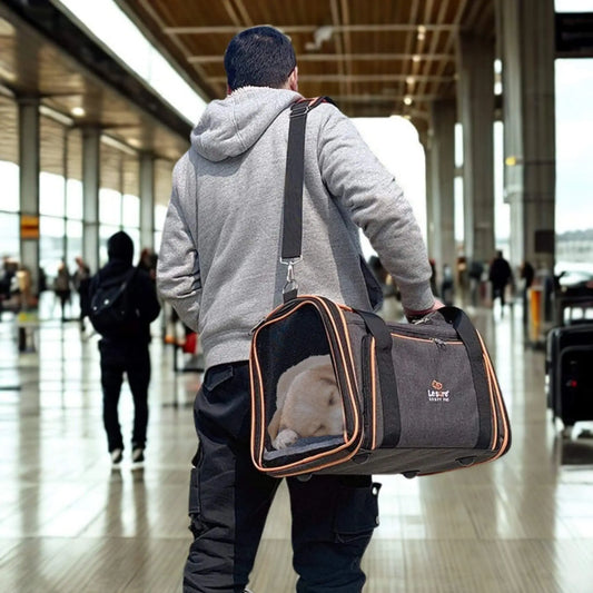Vue de dos, un homme porte à l'épaule un sac de transport pour chien gris et orange à l'aéroport.