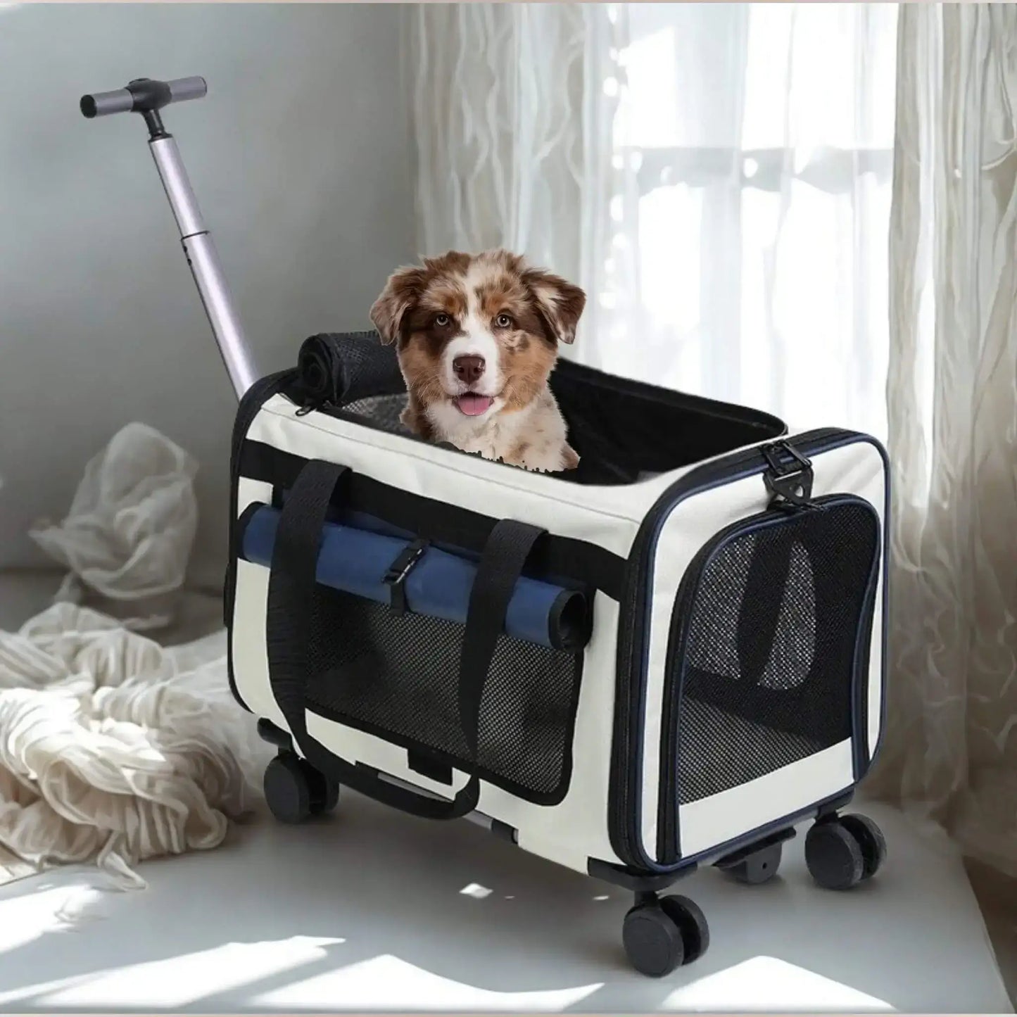Un sac de transport pour petit chien de couleur blanc et bleu avec un chiot berger australien à l'intérieur.