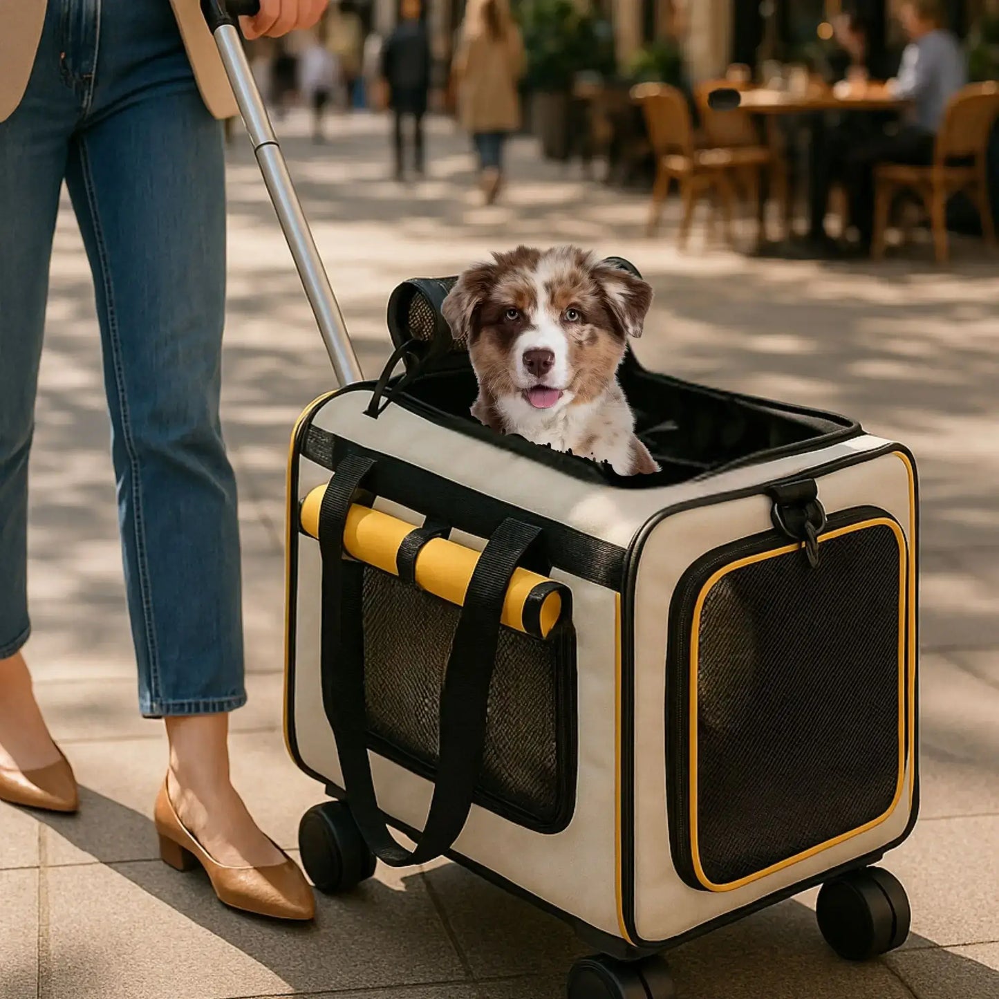 Un sac de transport pour petit chien de couleur blanc et jaune avec un chiot berger australien à l'intérieur sur le trottoir.