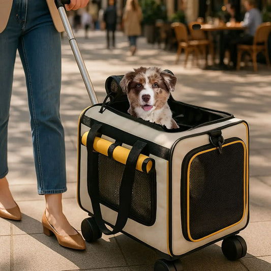 Un sac de transport pour petit chien de couleur blanc et jaune avec un chiot berger australien à l'intérieur sur le trottoir.