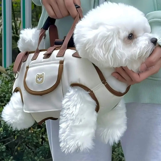 Un bichon frisé dans un sac de transport pour chien blanc.