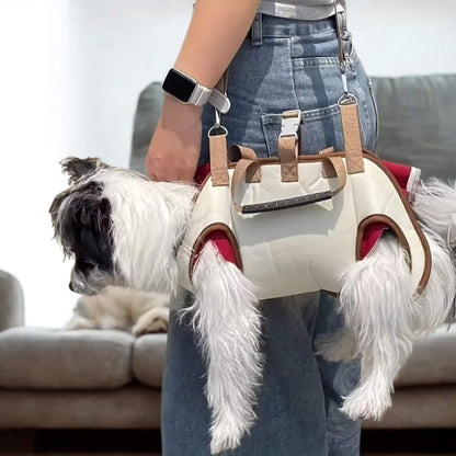 Chien blanc dans son sac de transport porté par une femme à l'épaule 