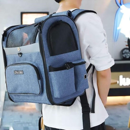 Homme vu de dos avec sac de transport pour chien de couleur bleue