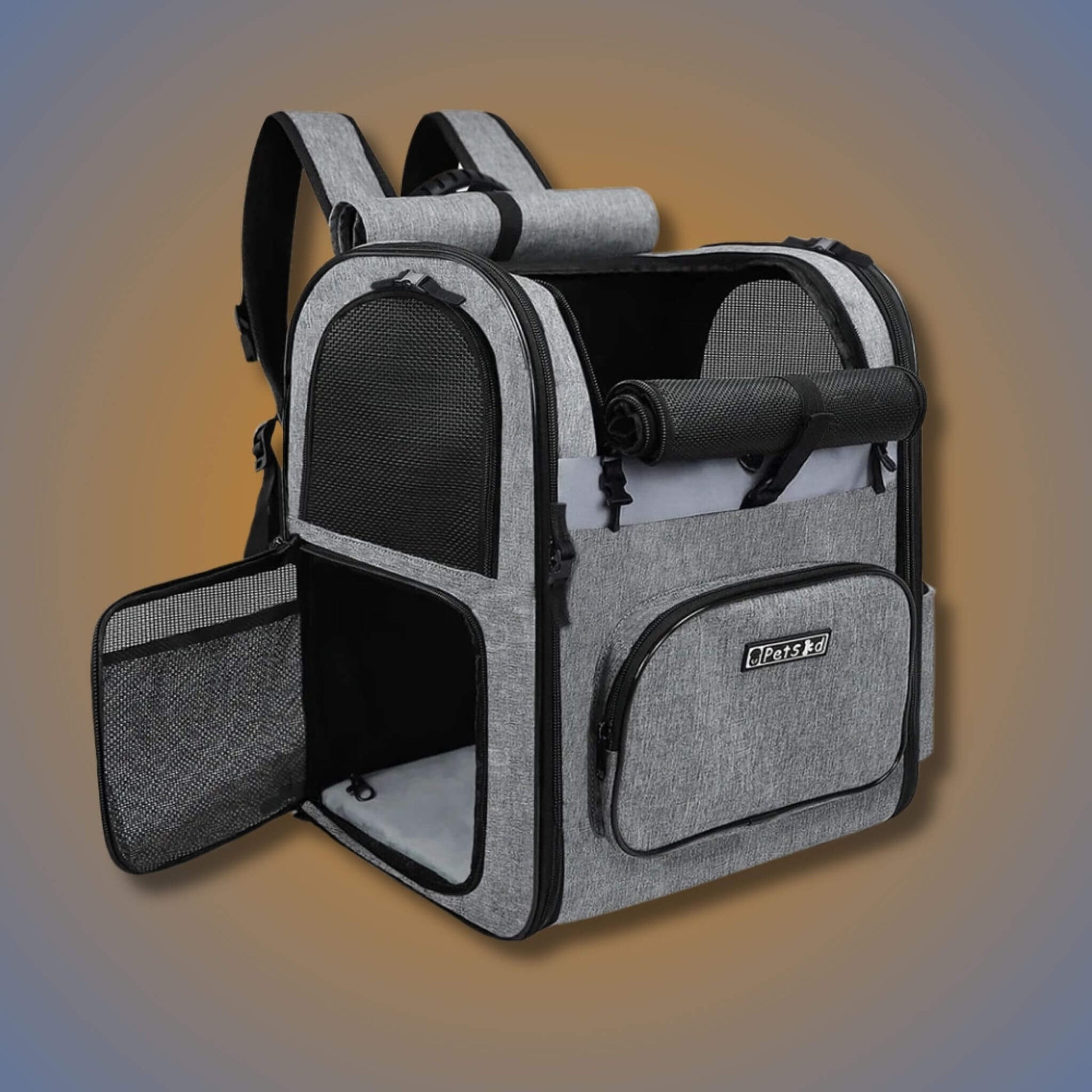 Visuel du sac de transport pour chien de couleur grise avec ouverture sur le côté et sur le dessus 