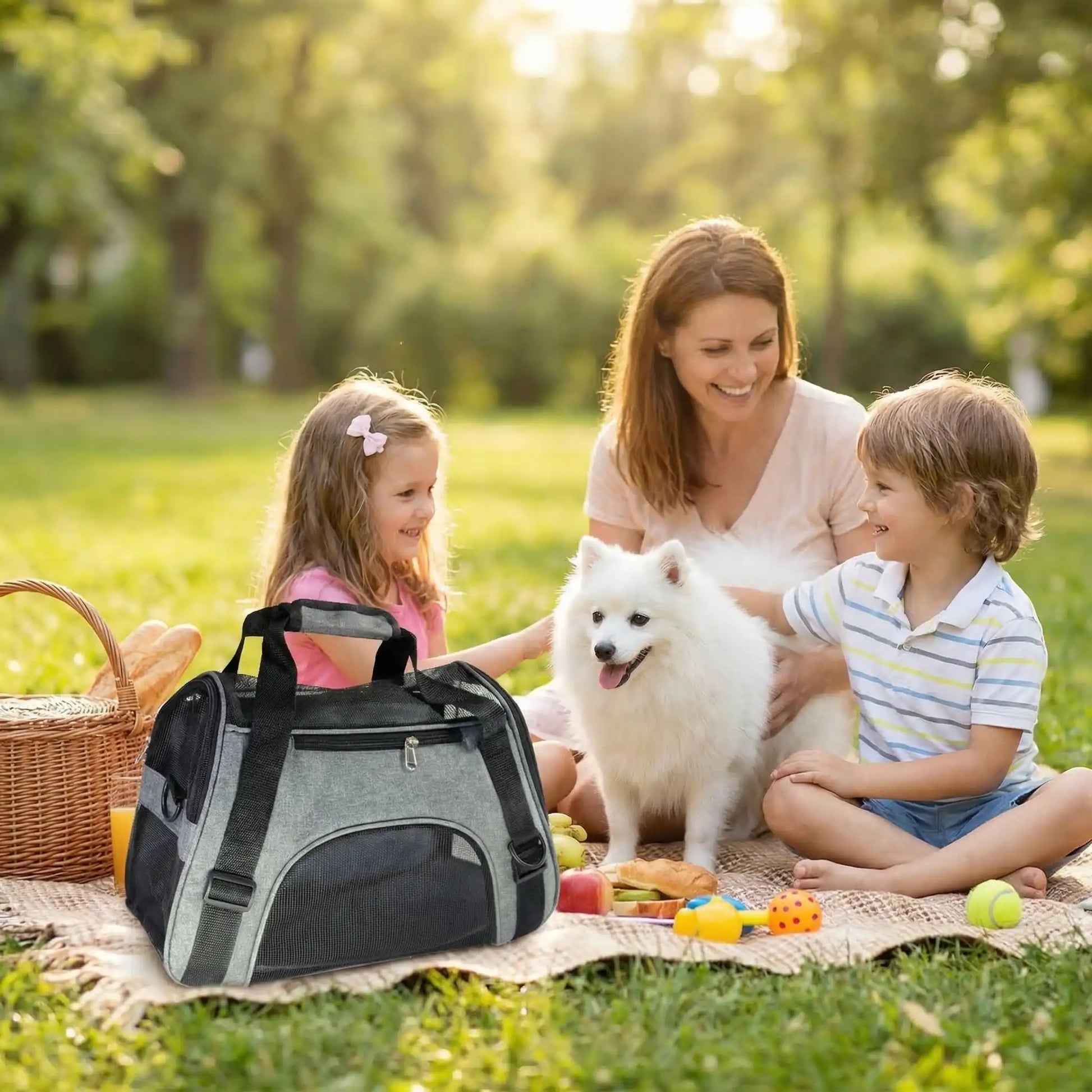 Une femme avec ses deux enfants en pique-nique avec leur spitz japonais nain et le sac de transport pour chien gris.