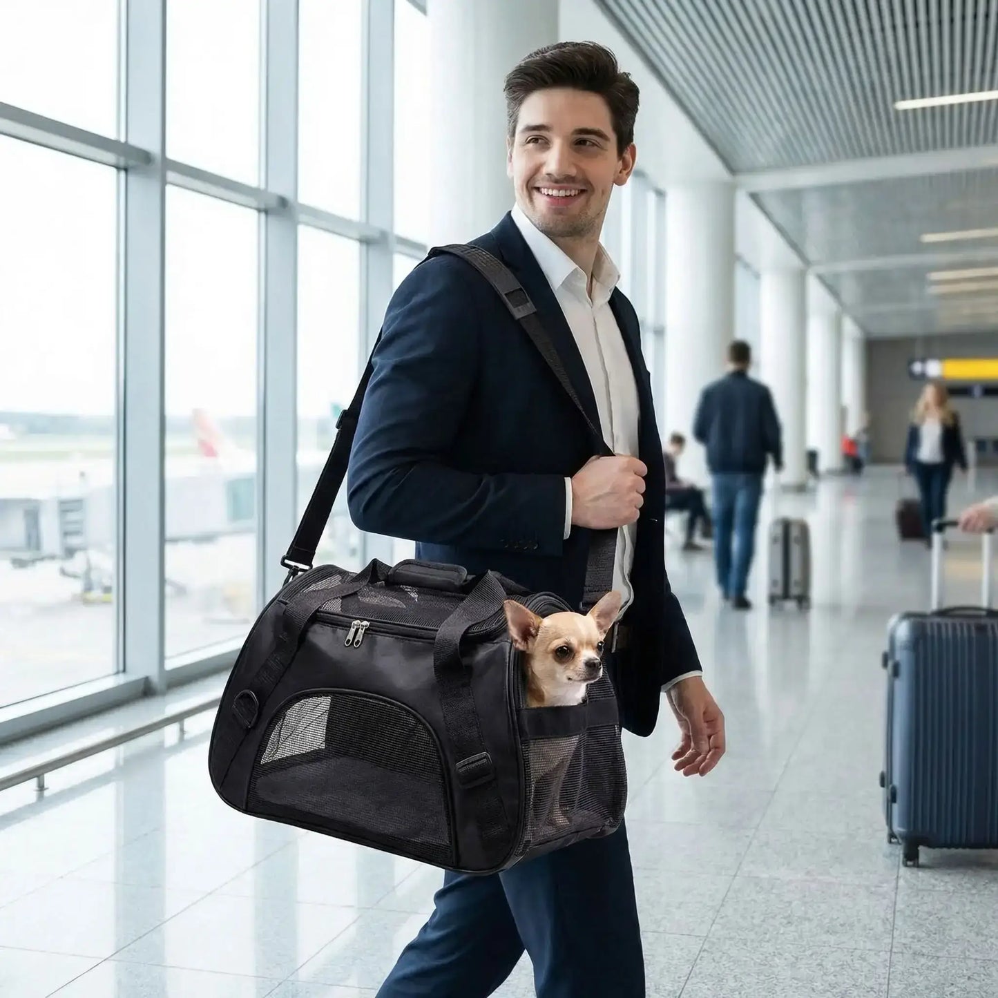 Un homme porte en bandoulière le sac de transport pour chien noir avec son chihuahua à l'intérieur à l'aéroport.