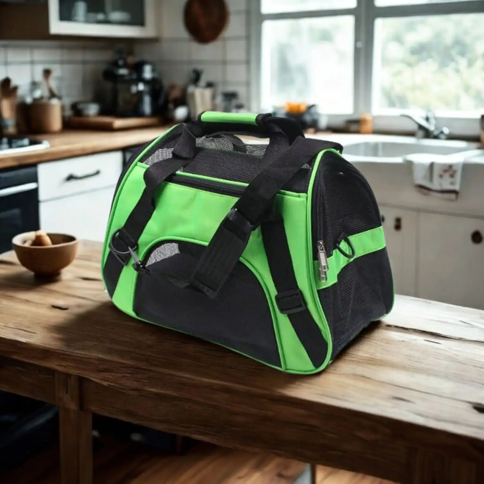Un sac de transport pour chien de couleur verte sur un comptoir de cuisine.