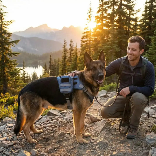 Un homme dans les montagnes avec son berger allemand qui porte les sacs à dos pour chiens CaninGo bleu.