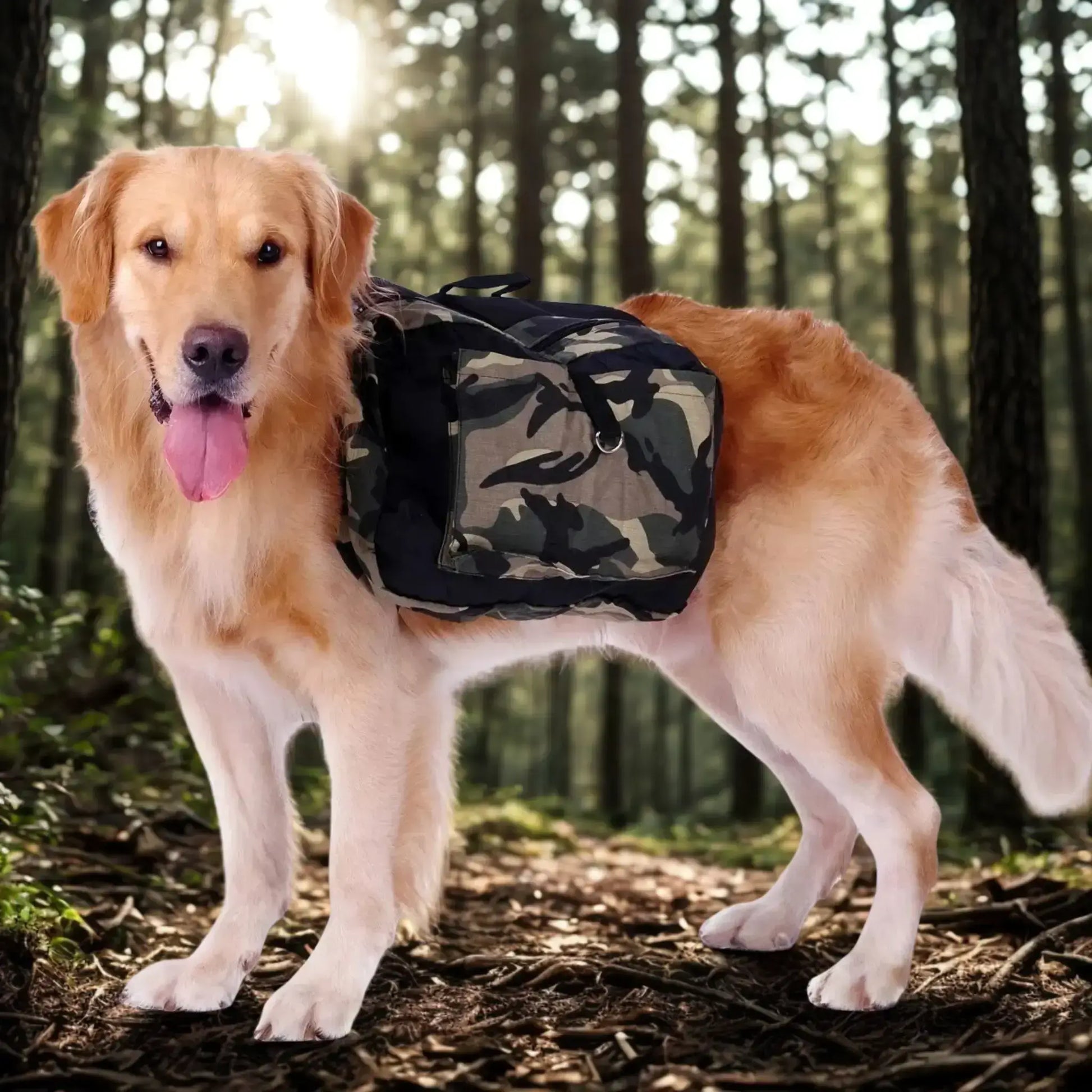 Un golden retriever dans une forêt porte les sacs à dos pour chiens PackDog.