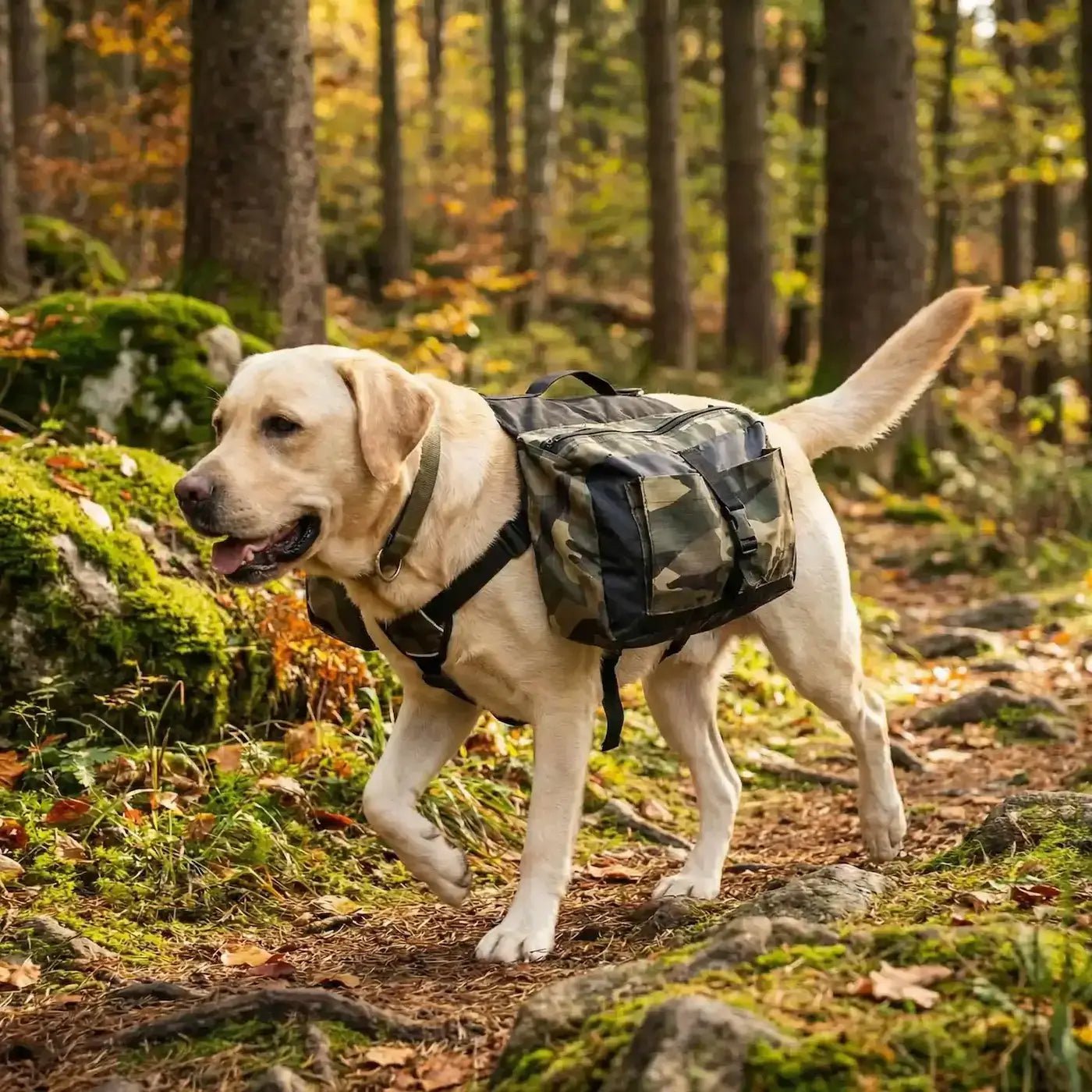 Un labrador blond marche dans une forêt portant les sacs à dos pour chiens PackDog.