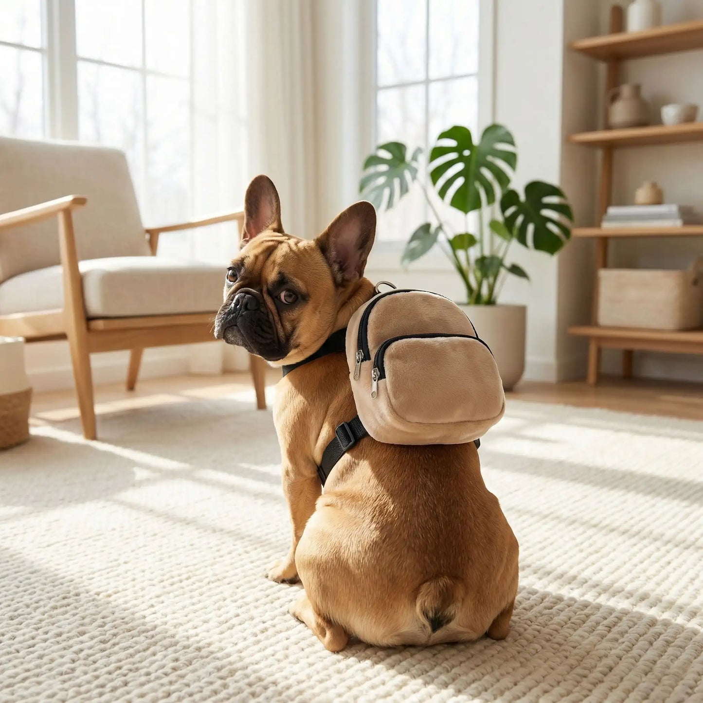 Vu de dos, un bouledogue français assis dans un salon porte les sacs à dos pour chiens SacCanin beige.