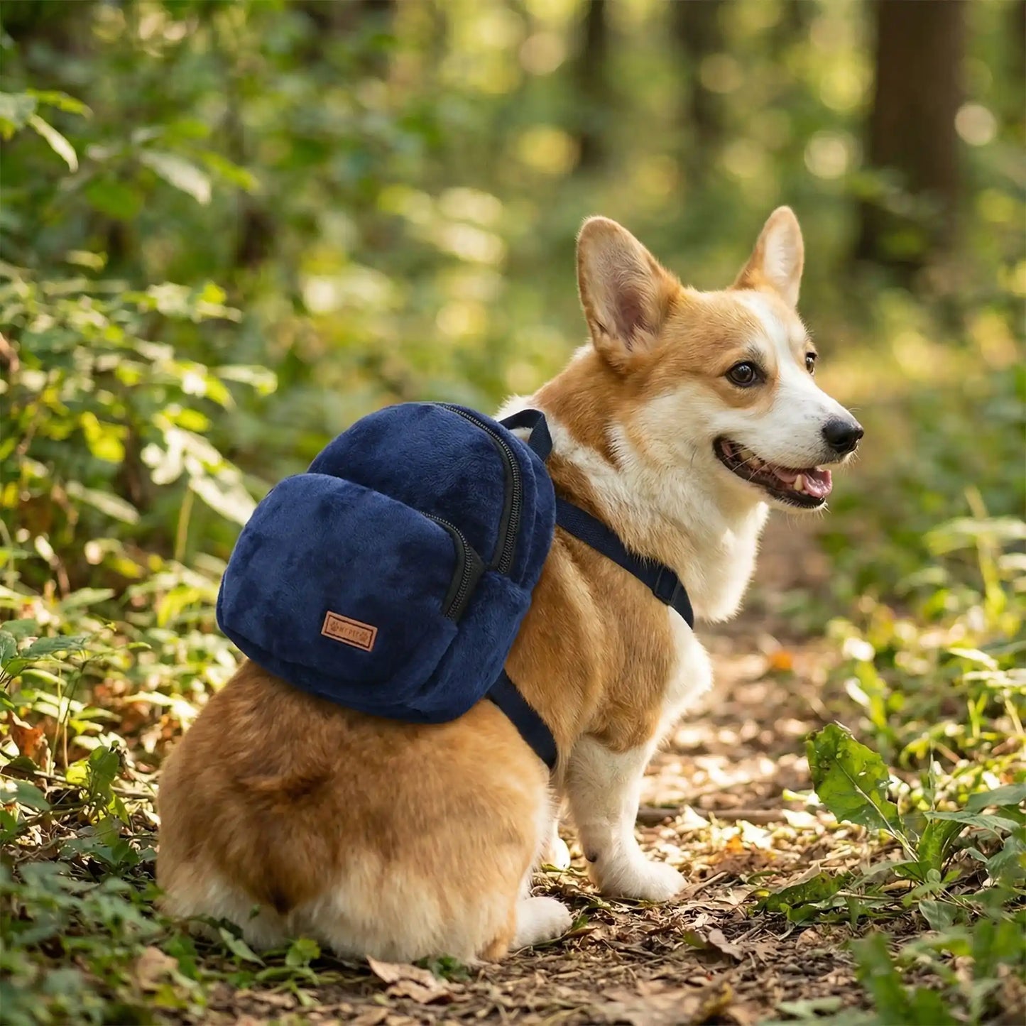 Un corgi en balade dans la forêt porte les sacs à dos pour chiens SacCanin bleus.