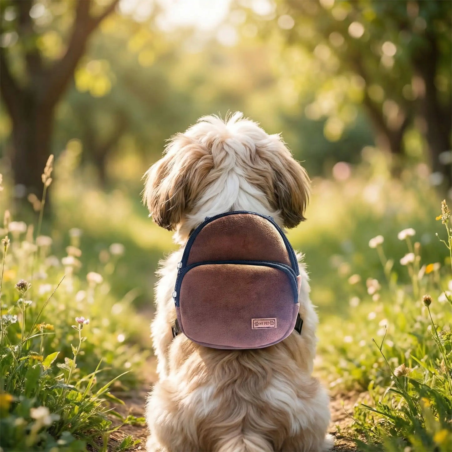 De dos, un Shih Tzu porte les sacs à dos pour chiens SacCanin marron.