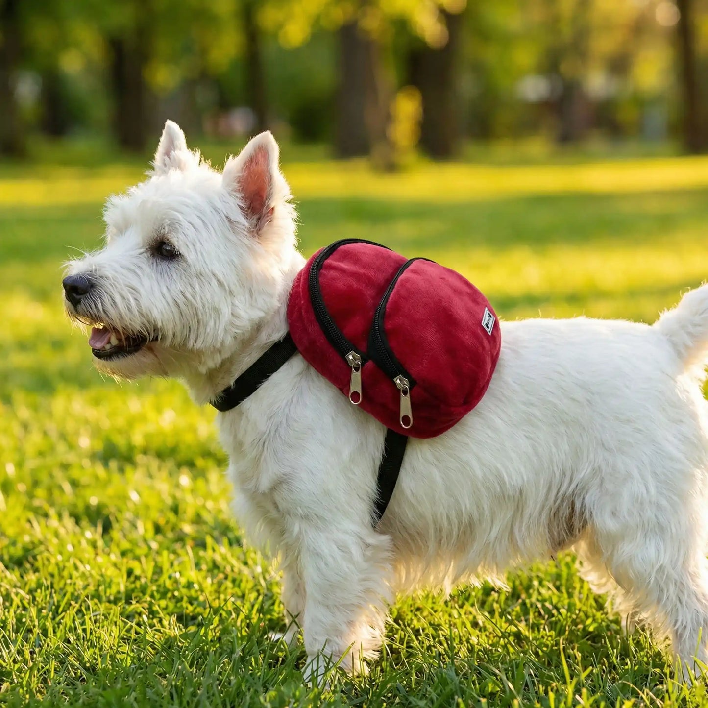 Une vue latérale d'un west highland qui porte les sacs à dos pour chien SacCanin rouge.