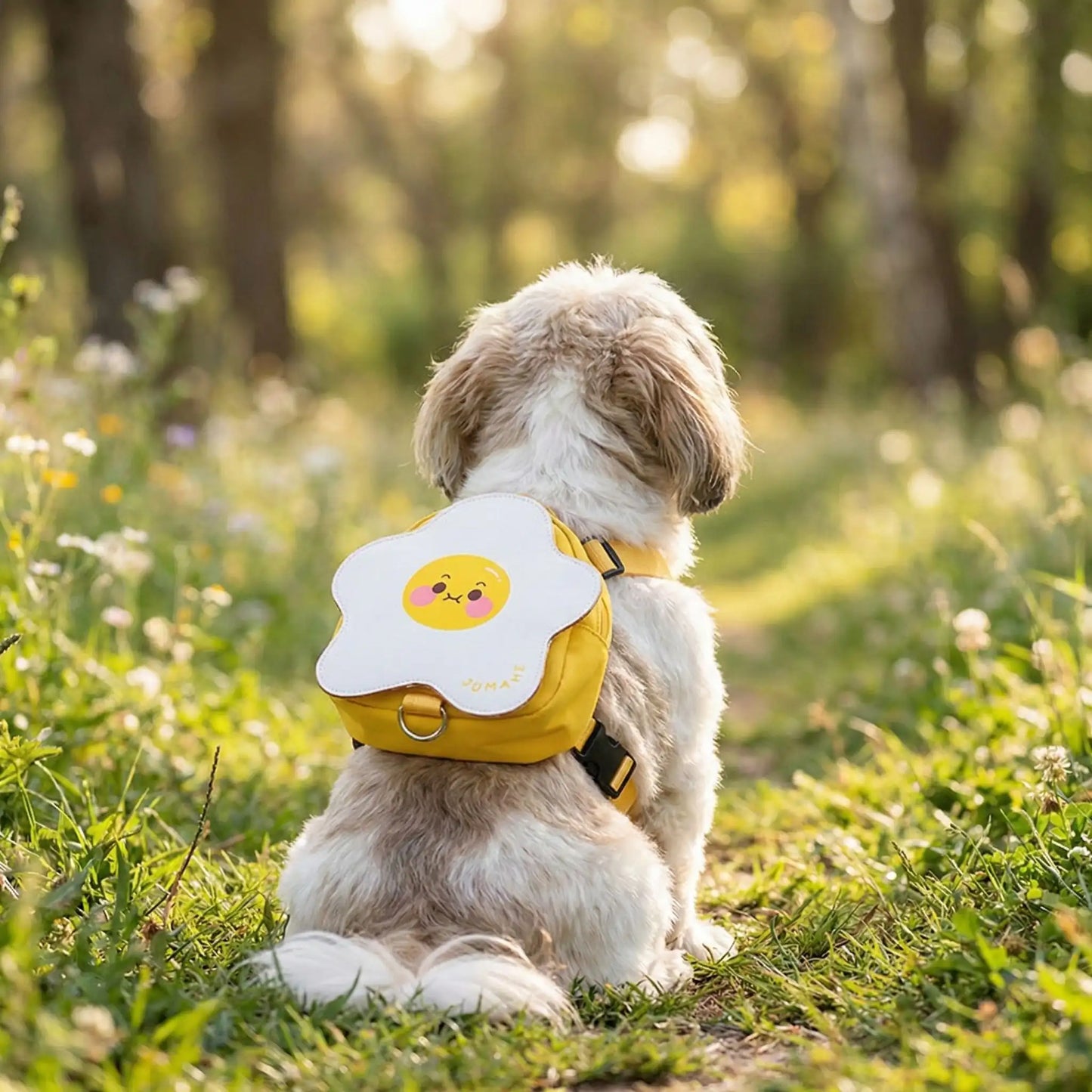 Un Shih Tzu vu de dos porte les sacs à dos pour chiens WoofBag fleur blanche.