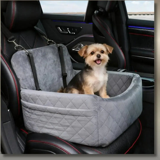 Un Yorkshire assis dans son siège d'auto pour chien gris sur le siège avant.