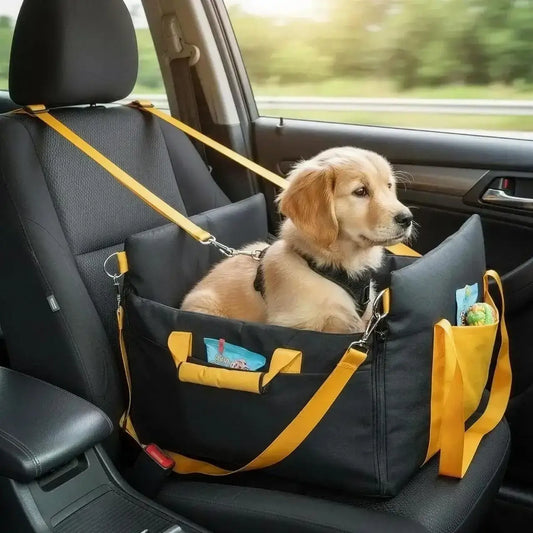 Un chiot golden retriever allongé dans son siège d'auto pour chiens.
