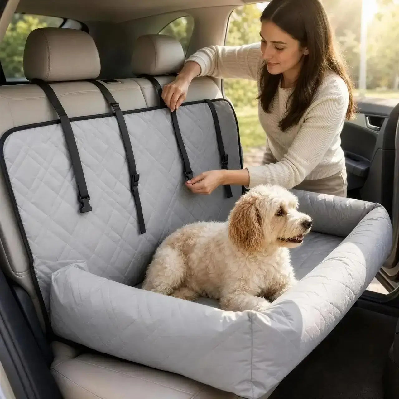 Une femme avec son bichon frisé met en place le siège d'auto pour chiens gris.