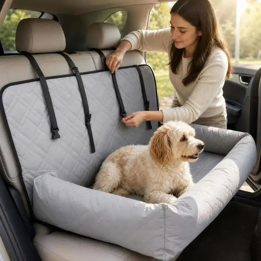 Une femme avec son bichon frisé met en place le siège d'auto pour chiens gris.