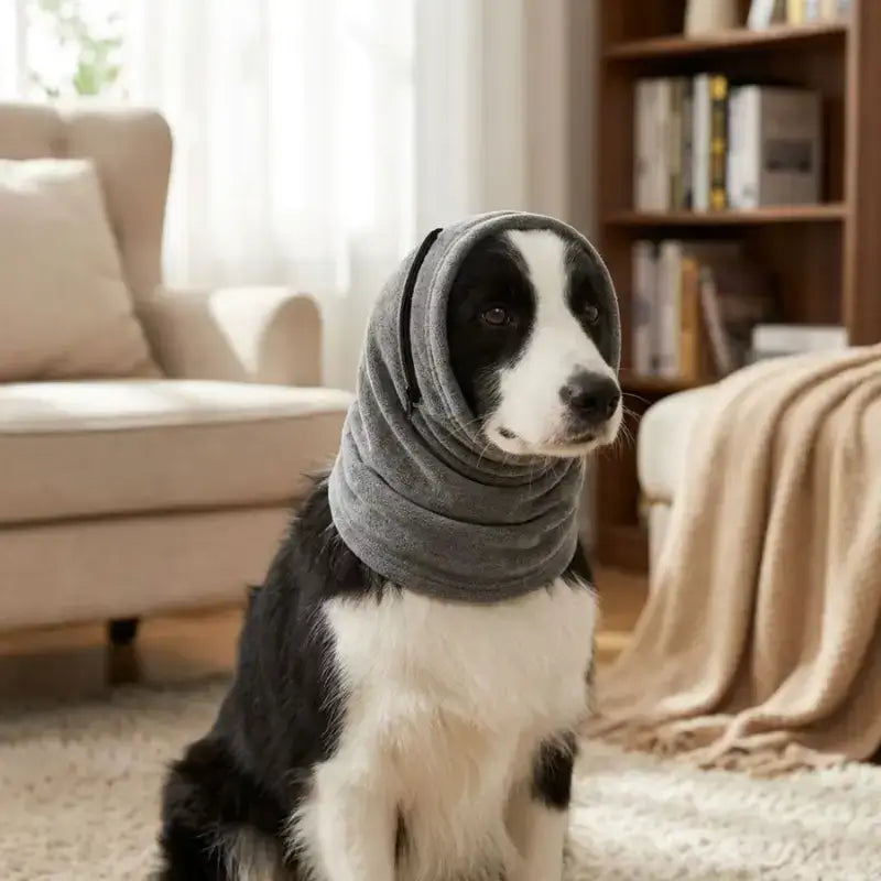 Un border collie assis dans son salon vetu de son snood gris.