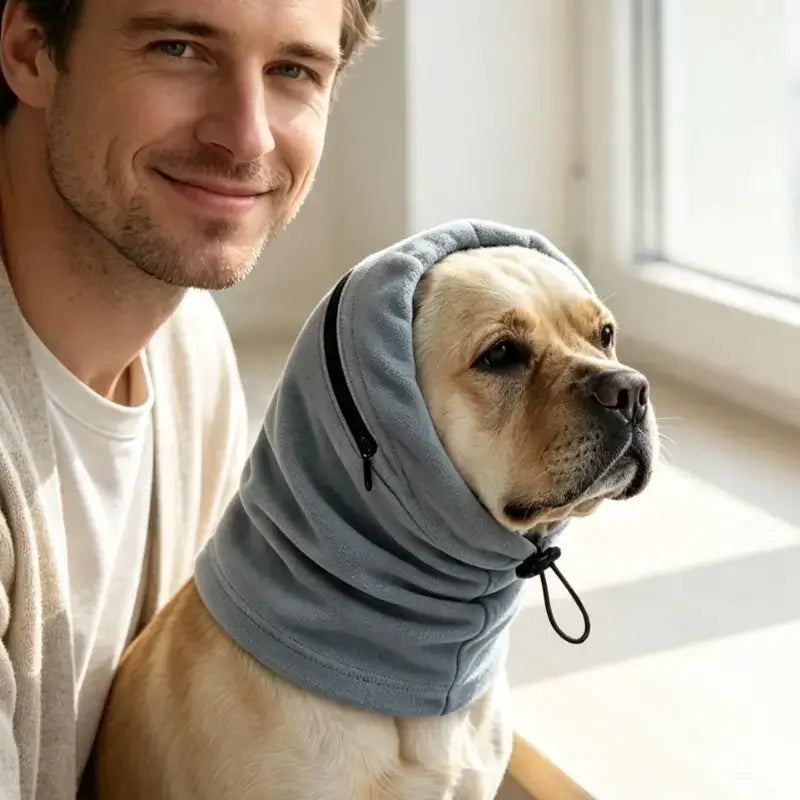 Un homme avec son labrador vêtu de son snood pour chien bleu.