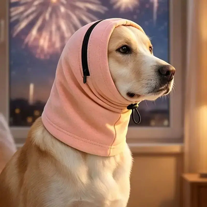 Un labrador devant une fenetre avec des feux d'artifice porte son snood pour chien ani stress.