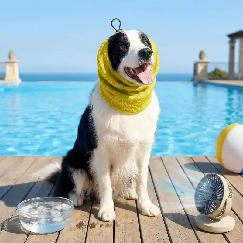 Un border collie assis sur un quai de piscine vêtu d'un snood pour chien jaune.