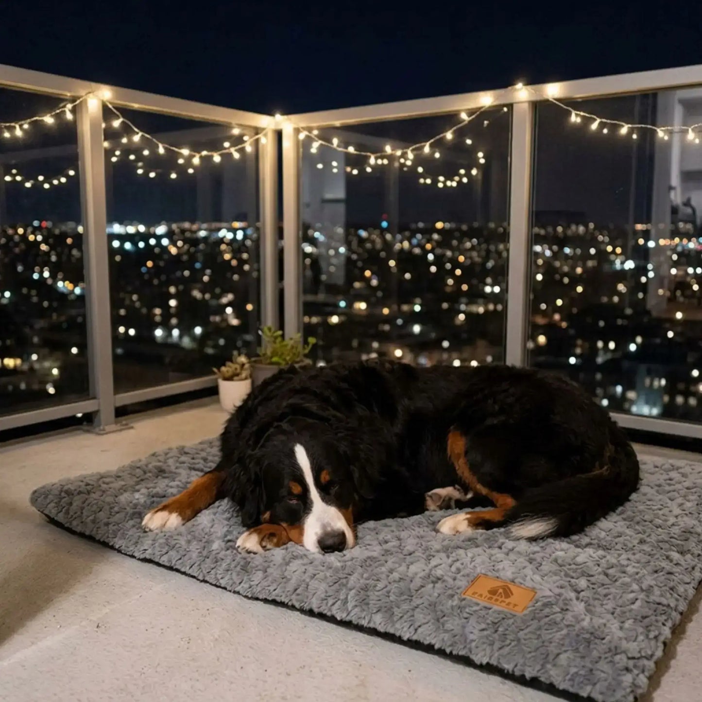 Un bouvier bernois est allongé sur un tapis pour chien sur un balcon la nuit.