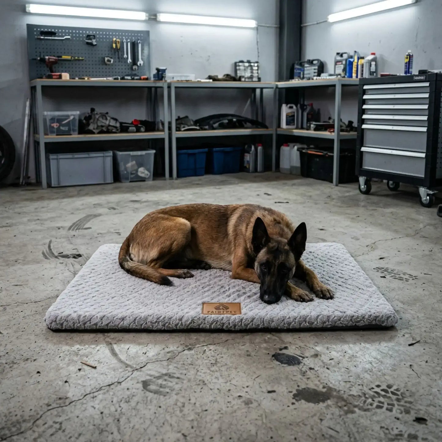 Un malinois est allongé sur un tapis pour chien sur le sol en ciment d'un garage.