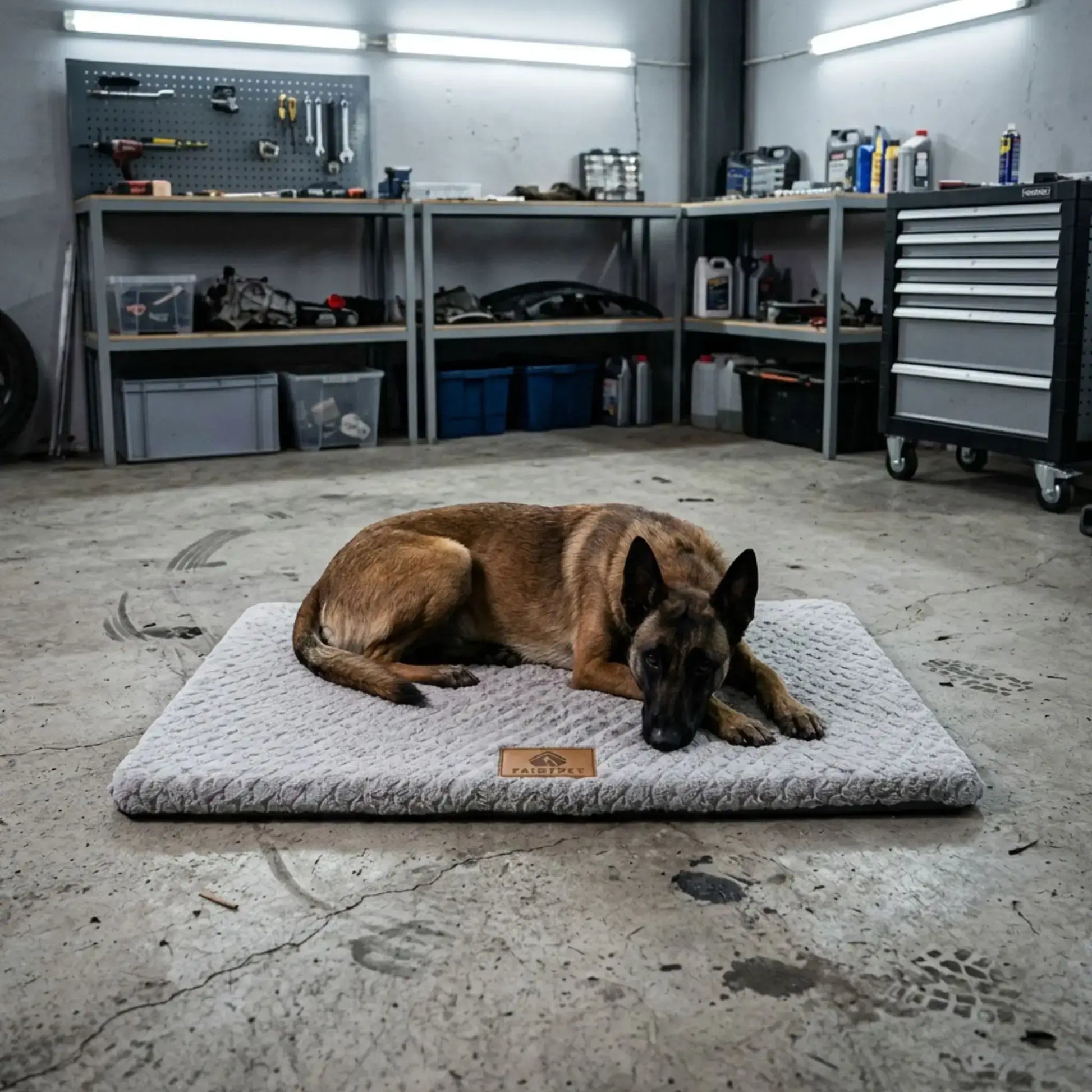Un malinois est allongé sur un tapis pour chien sur le sol en ciment d'un garage.