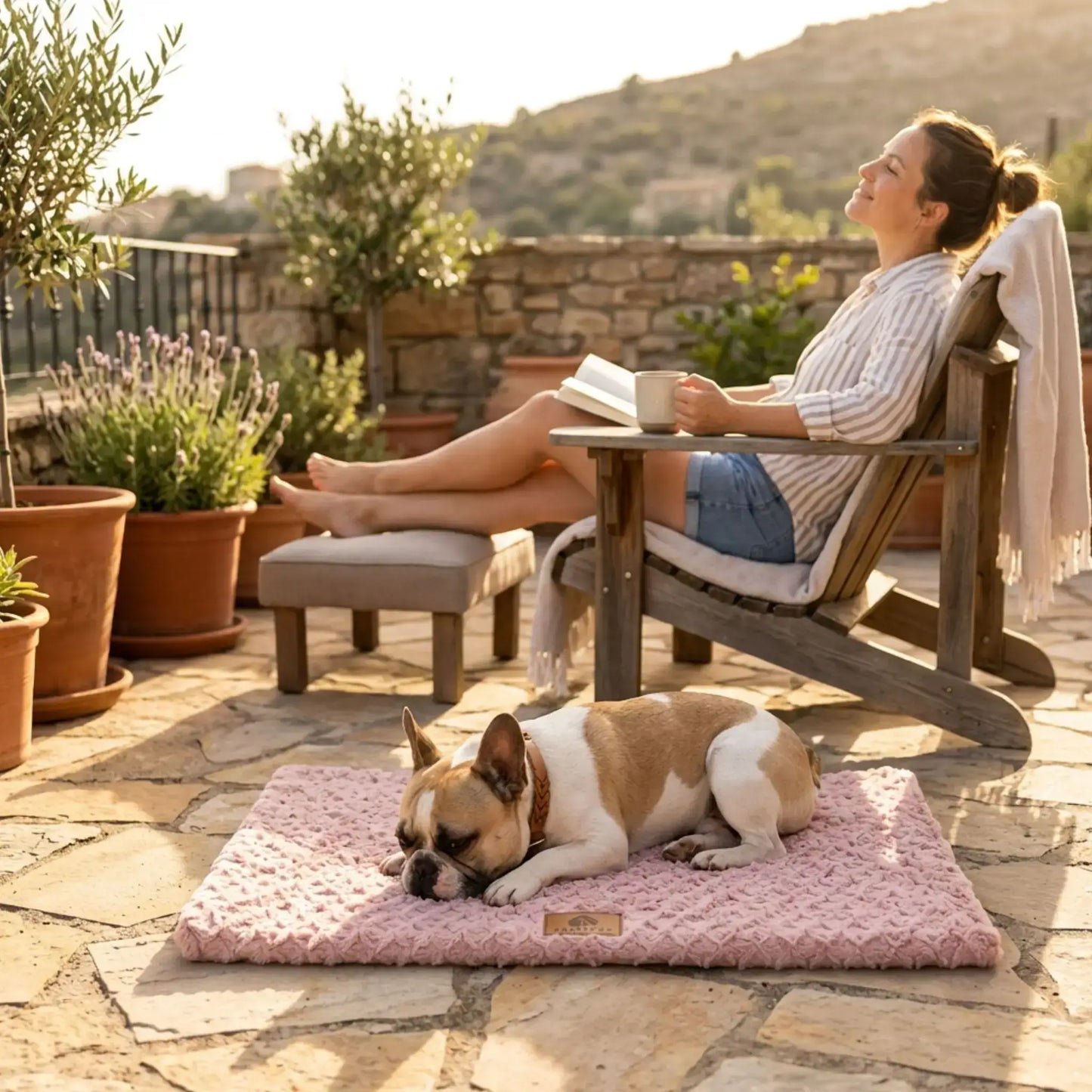 Une femme assise sur une terrasse avec son bouledogue français allongé sur son tapis pour chien rose.