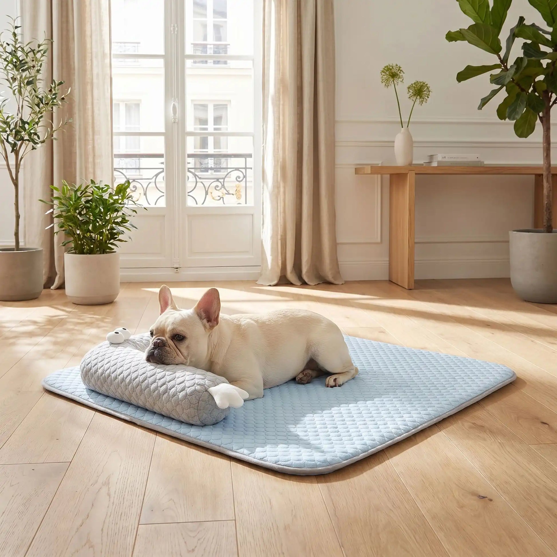 Un bouledogue français dans un salon est allongé sur un tapis pour chien rafraichissant bleu.