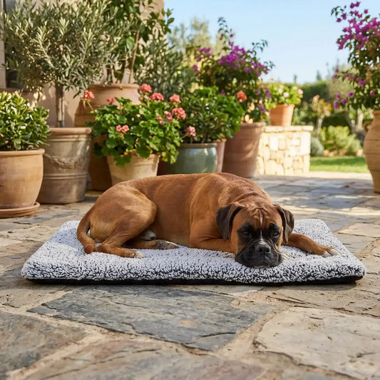 Un boxer allongé sur un tapis pour chien sur une terrasse.