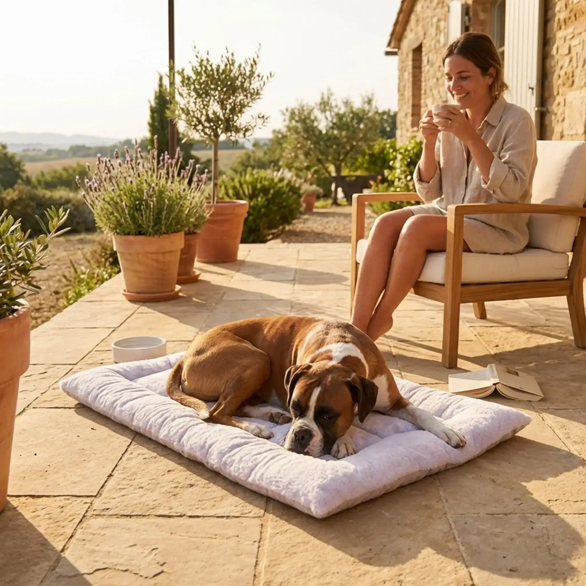 Une femme sur une terrasse regarde son boxer allongé sur un tapis pour chien XXL beige.