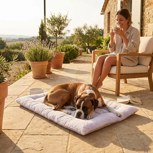 Une femme sur une terrasse regarde son boxer allongé sur un tapis pour chien XXL beige.