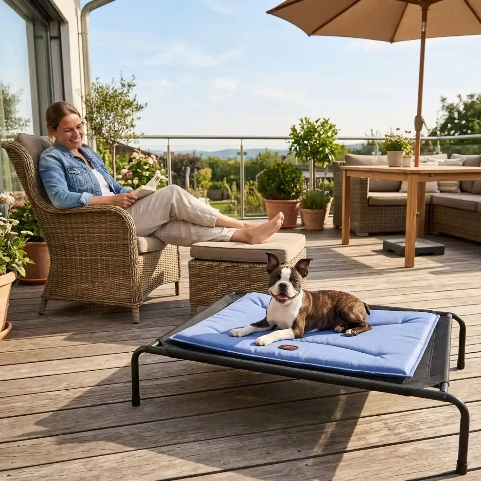 Une femme sur une terrasse regarde son chiot boston terrier allongé sur un tapis pour chiot sur un lit surélevé.