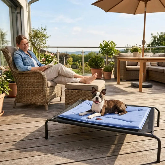 Une femme sur une terrasse regarde son chiot boston terrier allongé sur un tapis pour chiot sur un lit surélevé.