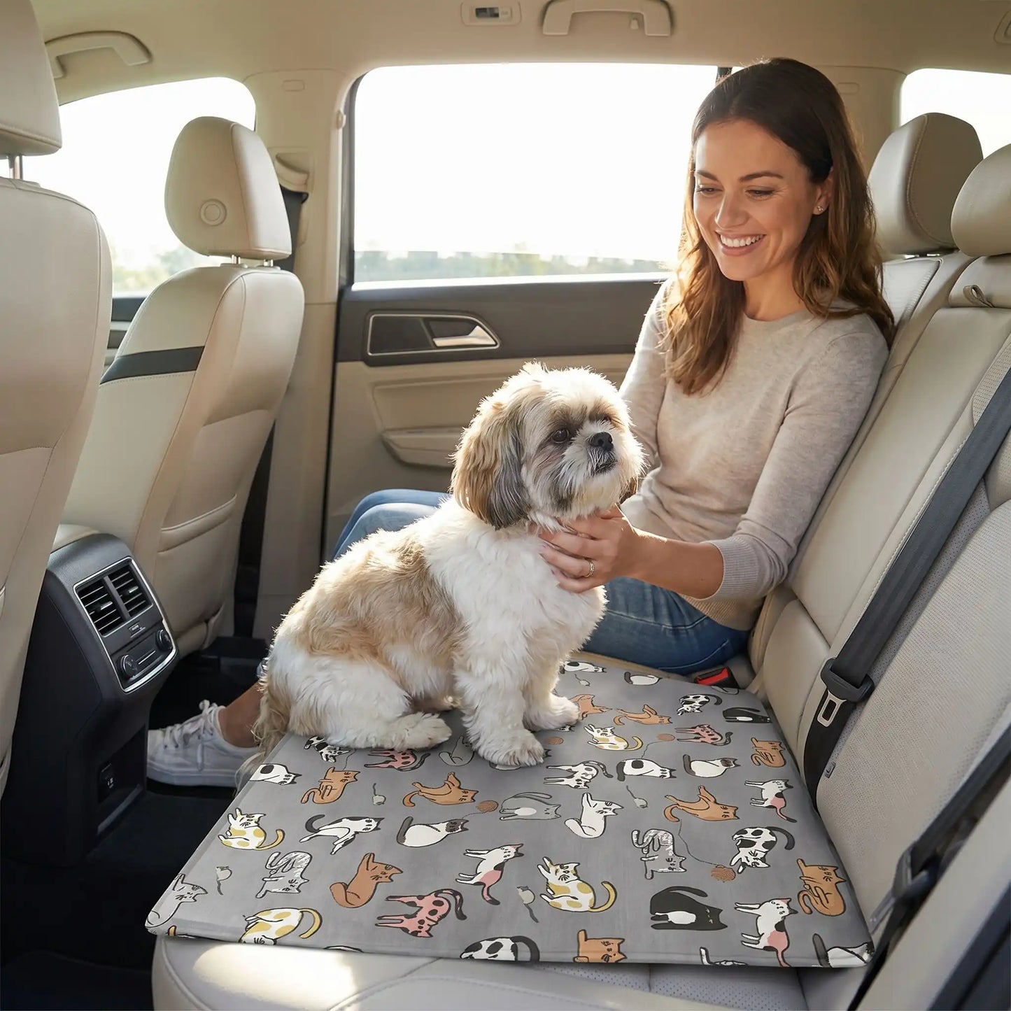 Une femme assise sur le siège arrière d'une voiture caresse son shih tzu assis sur le tapis frais pour chien.