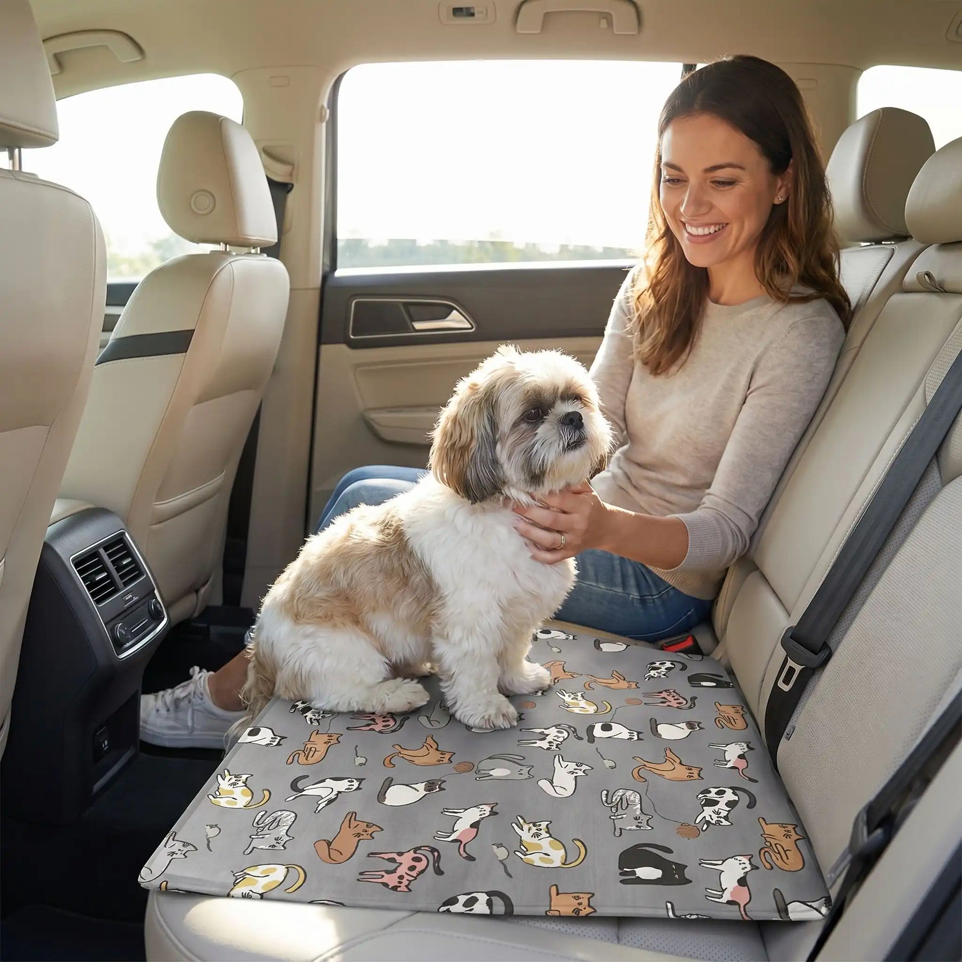 Une femme assise sur le siège arrière d'une voiture caresse son shih tzu assis sur le tapis frais pour chien.
