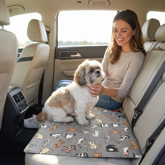 Une femme assise sur le siège arrière d'une voiture caresse son shih tzu assis sur le tapis frais pour chien.