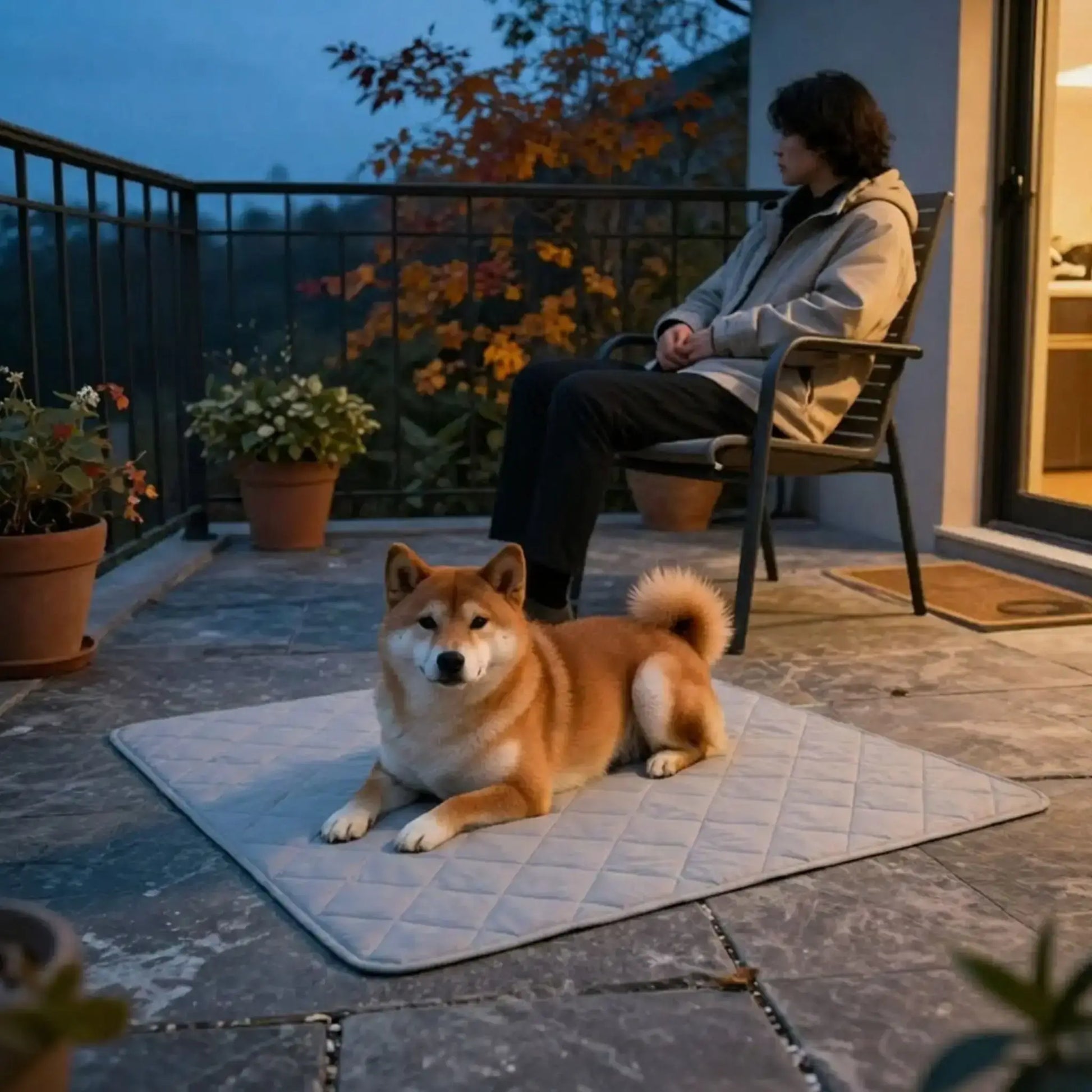 Une femme sur une terrasse avec son shiba inu allongé sur un tapis pour chien chauffant.