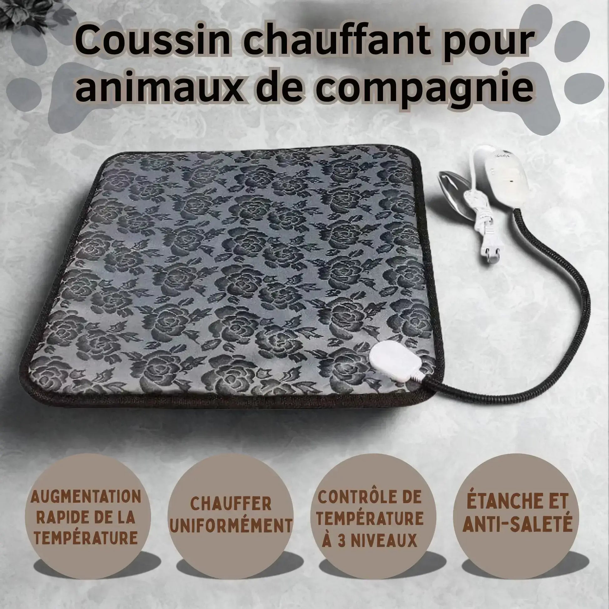 Caractéristiques du tapis pour chien chauffant : chauffe uniformément, contrôle de température à trois niveaux.