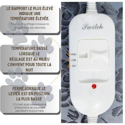 Description des commandes du tapis pour chien chauffant à trois niveaux.