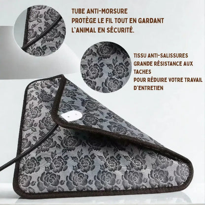 Détails du tapis pour chien chauffant : tube anti-morsure, tissus anti-salissures.